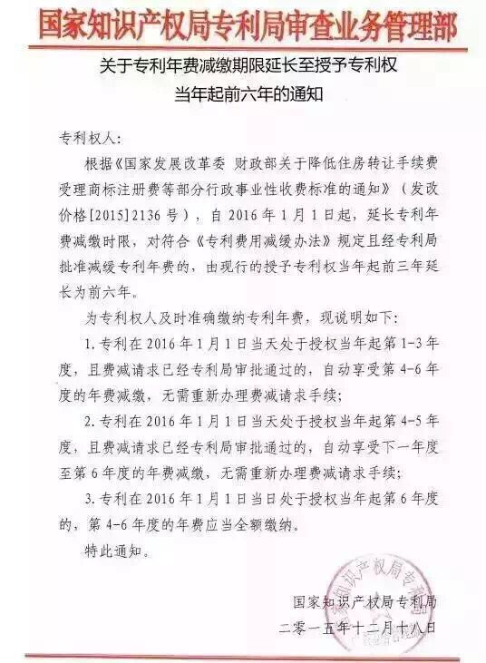 国家知识产权局：专利年费减缓自动延长6年（附通知全文）