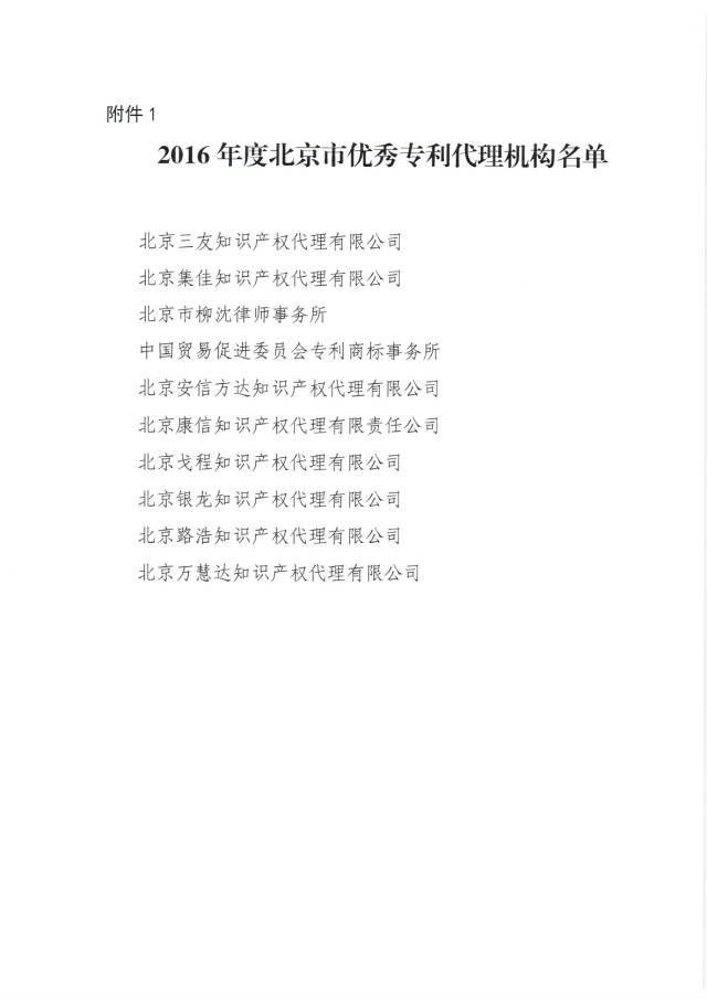 2016年度北京市优秀专利代理机构及优秀专利代理人名单公布