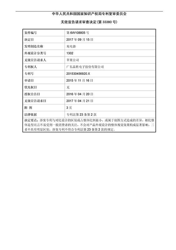 苹果VS品胜「充电器」外观设计专利无效决定书