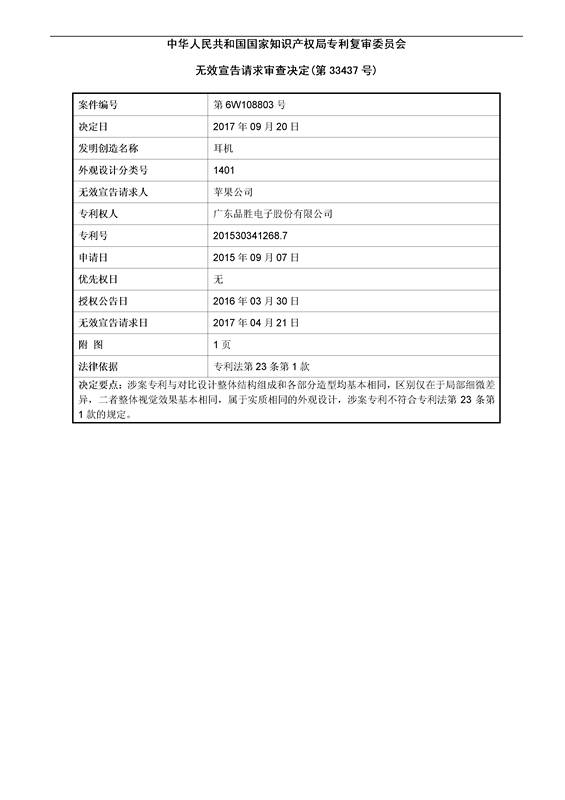 苹果VS品胜「耳机」外观设计专利无效决定书