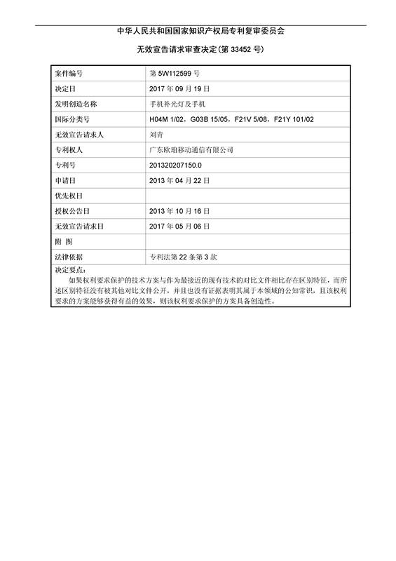 「OPPO手机补光灯」专利维持有效宣告决定书