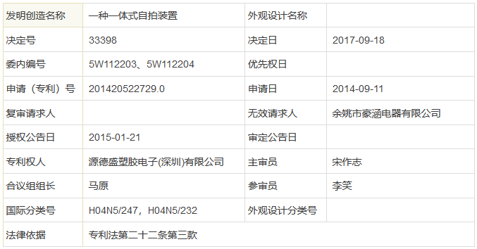 被无效10次还存活的「一种一体式自拍装置」专利维持决定书