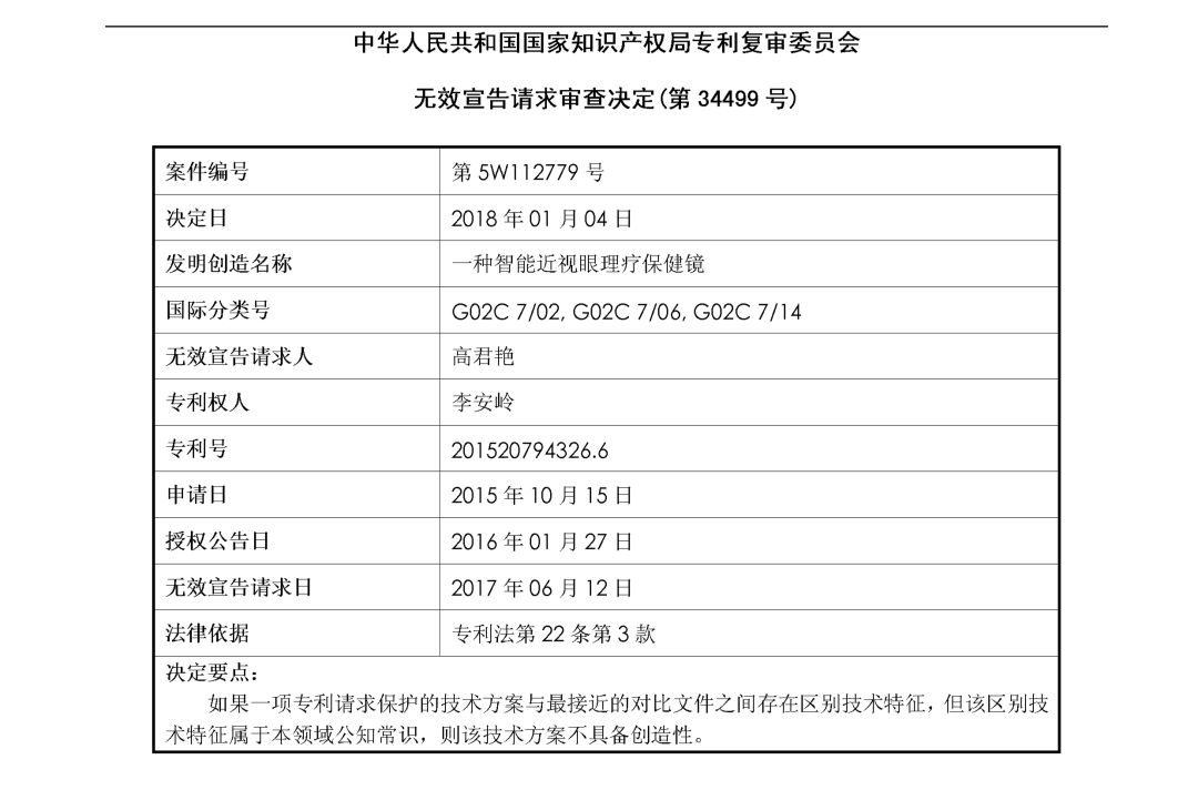 「一种智能近视眼理疗保健镜」无效宣告决定书