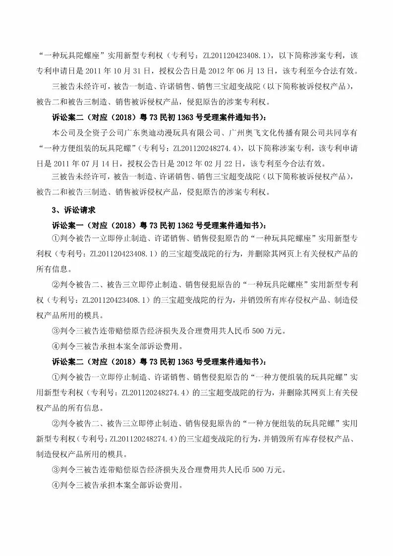 索赔1000万元！奥飞娱乐诉三宝动漫玩具等3家公司侵犯专利权（诉讼公告全文）