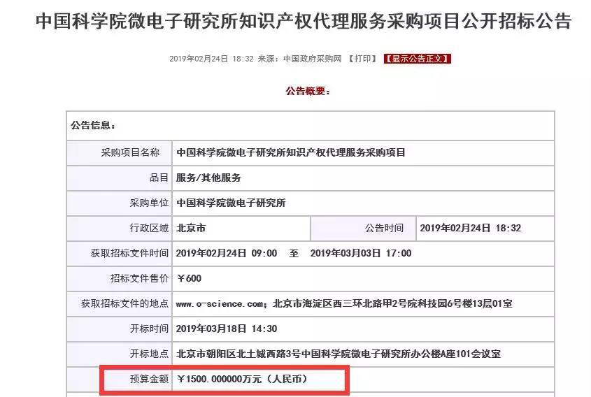 中科院1500万招标知识产权代理费的中标结果公布！看看都花落谁家？