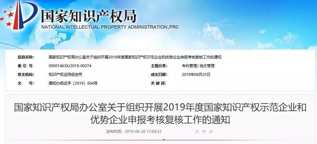 2019年国家知识产权示范企业和优势企业申报考核复核工作启动！