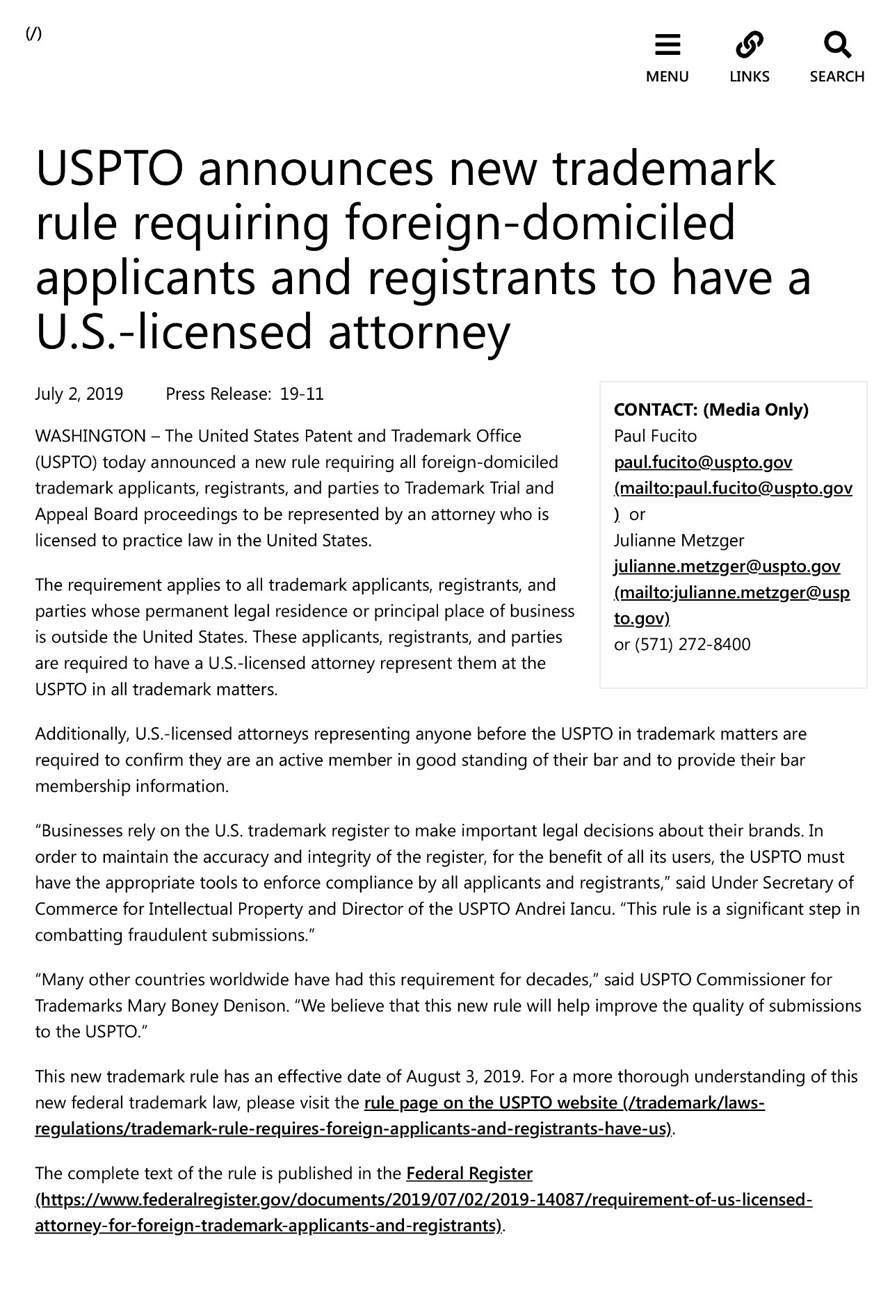 美国专利商标局宣布新商标规则！要求外国申请人和注册人指定美国执业律师