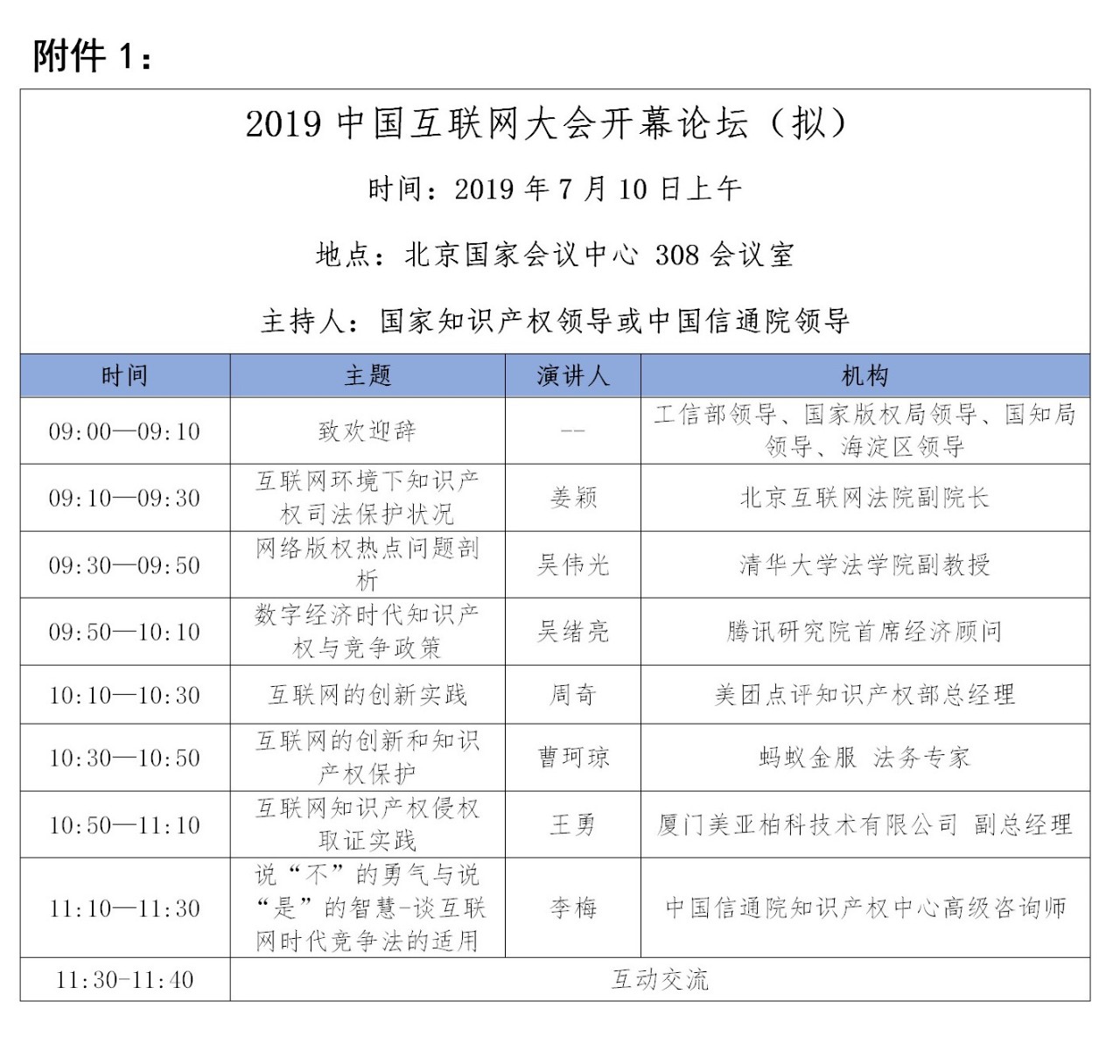 2019中国互联网大会 --中国互联网创新和知识产权发展论坛 邀请函