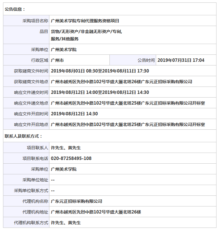 60.5万！广州美术学院专利代理服务资格招标公告（全文）