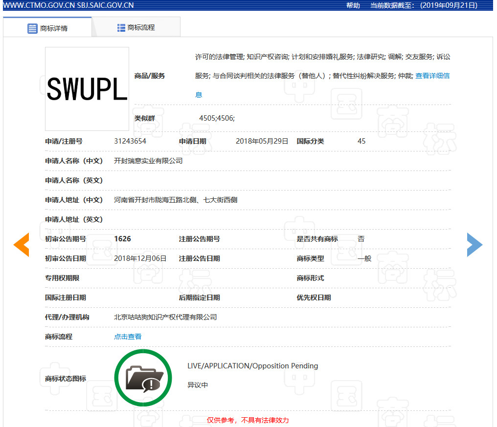 西南政法大学SWUPL商标被抢注？