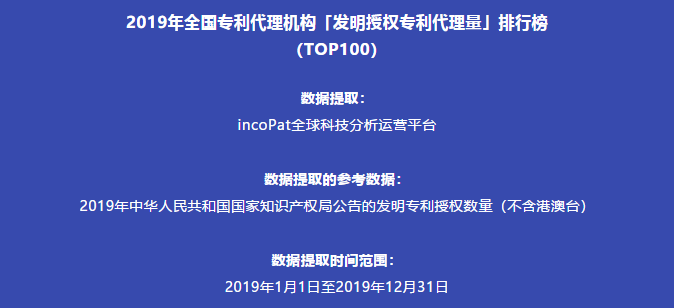 2019年全国专利代理机构「发明授权专利代理量」排行榜（TOP100）