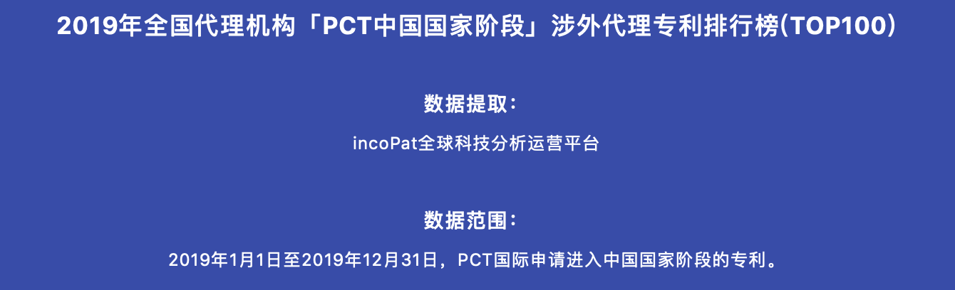 2019年全国代理机构「PCT中国国家阶段」涉外代理专利排行榜(TOP100)