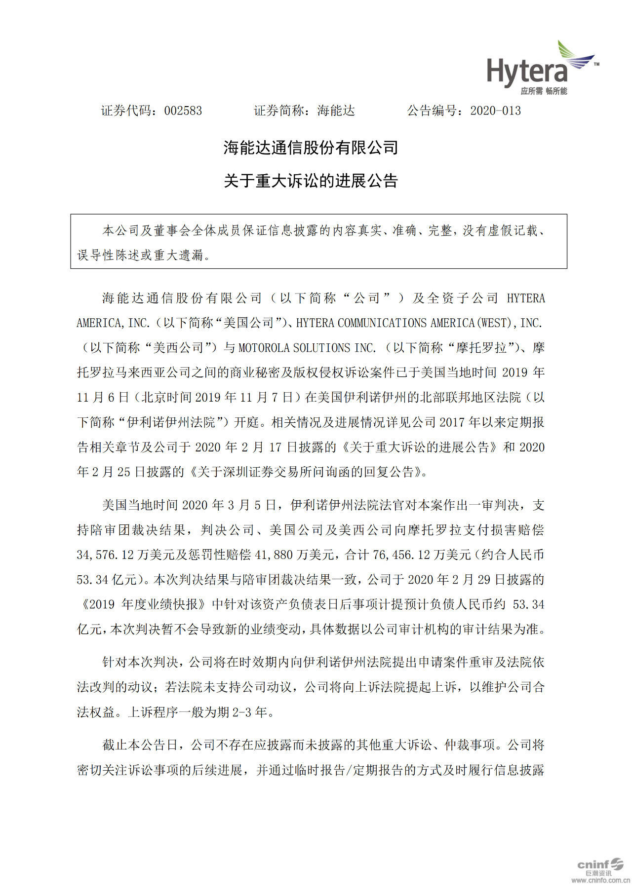 判赔摩托罗拉53.34亿元！海能达商业秘密及版权案遭天价索赔，超上市以来净利三倍