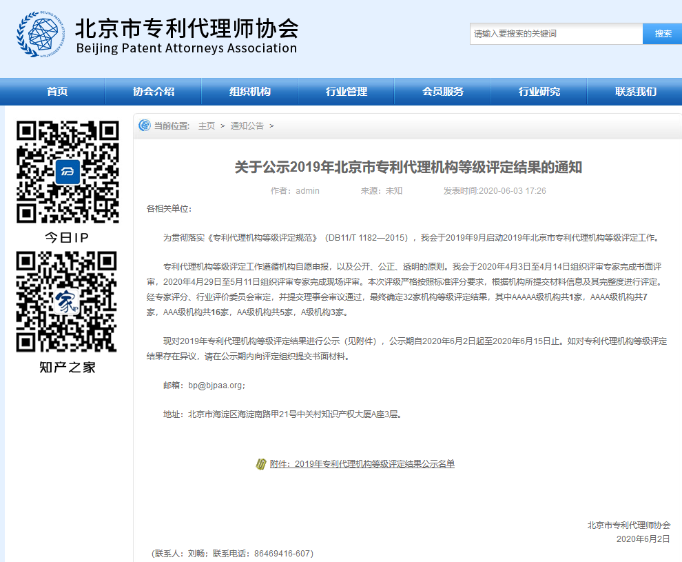 2019年北京市专利代理机构等级评定结果公示！
