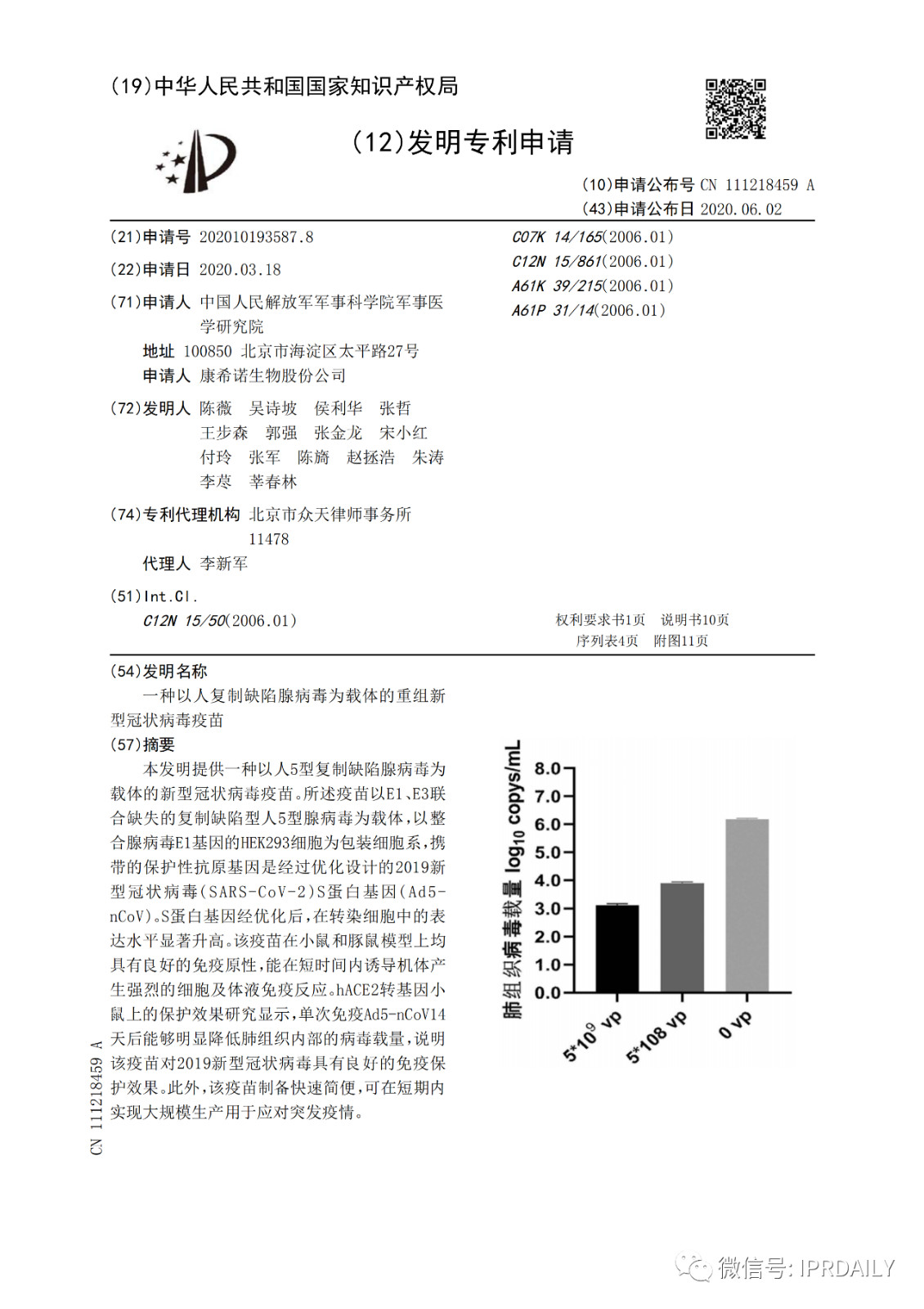 好消息！陈薇团队获得国内首个新冠疫苗专利！