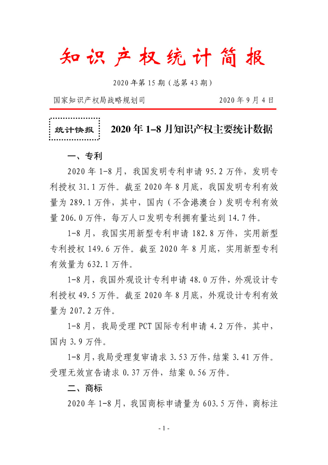 2020年1--8月知识产权主要统计数据（附8月数据）