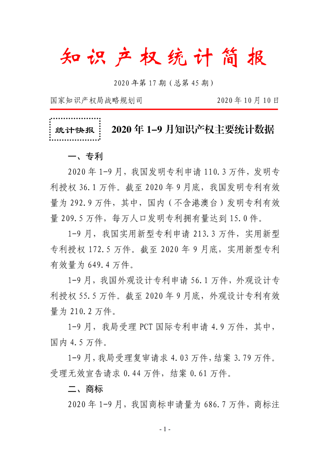 2020年1--9月知识产权主要统计数据（附9月数据）