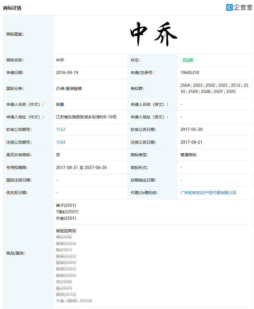 乔丹体育改名中乔体育，第25类“中乔”商标已被他人申请？