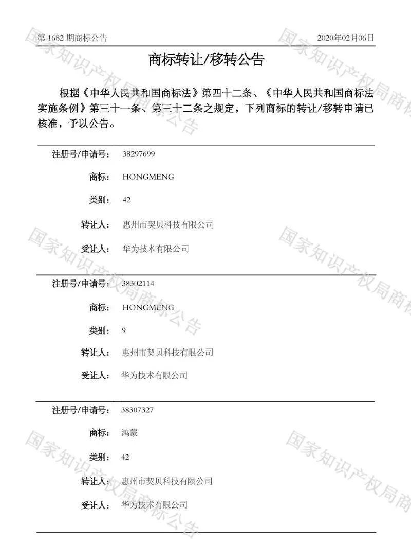 #晨报#“园隆坪”商标被驳回；消息称华为获得“鸿蒙”商标转让