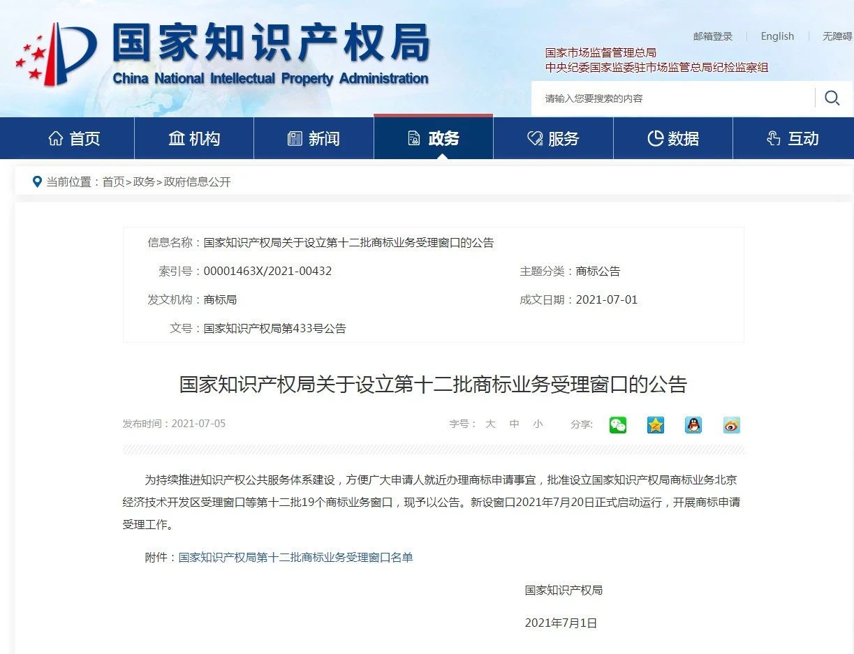 新增19个商标业务受理窗口将于2021.7.20日正式启动运行！（附全国窗口信息）