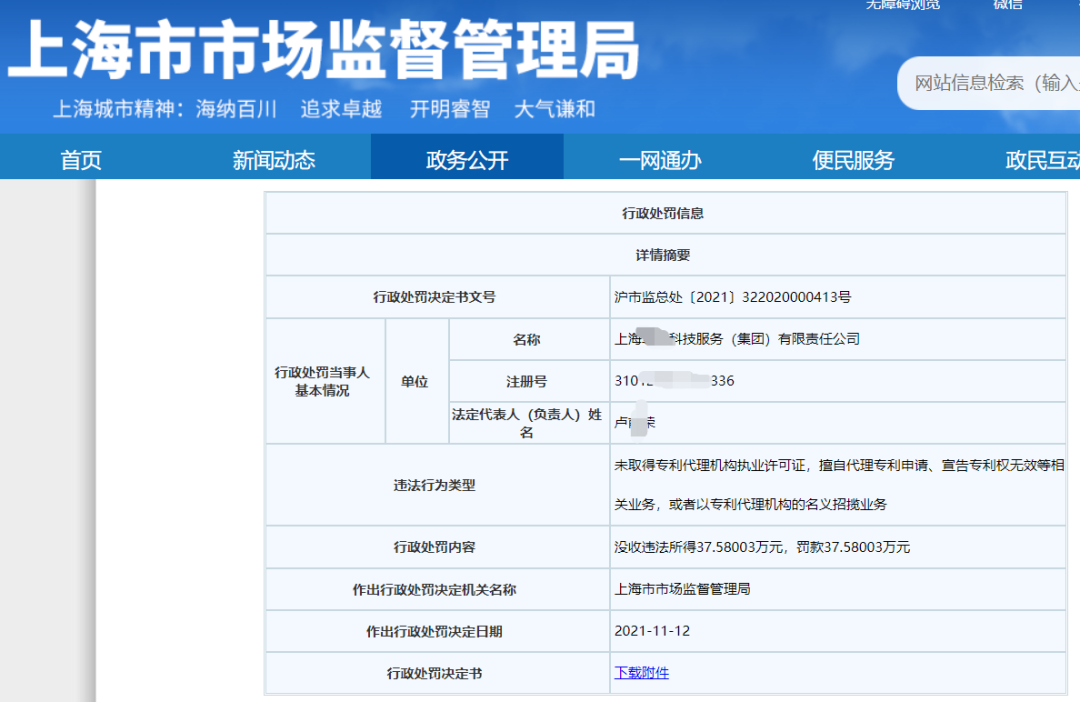 因擅自代理1138件专利申请被没收违法所得37万元，并罚款37万元！