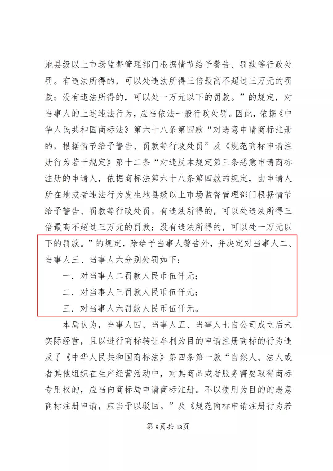 一知识产权代理公司与6家公司合谋注册公司以便大量不以使用为目的申请注册商标并交易被罚近19万！