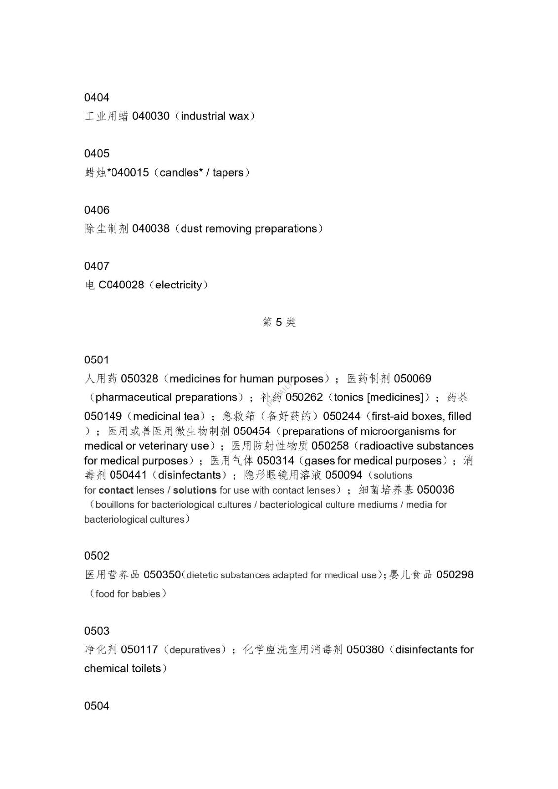 《类似商品和服务区分表》的重点项目及其英文翻译