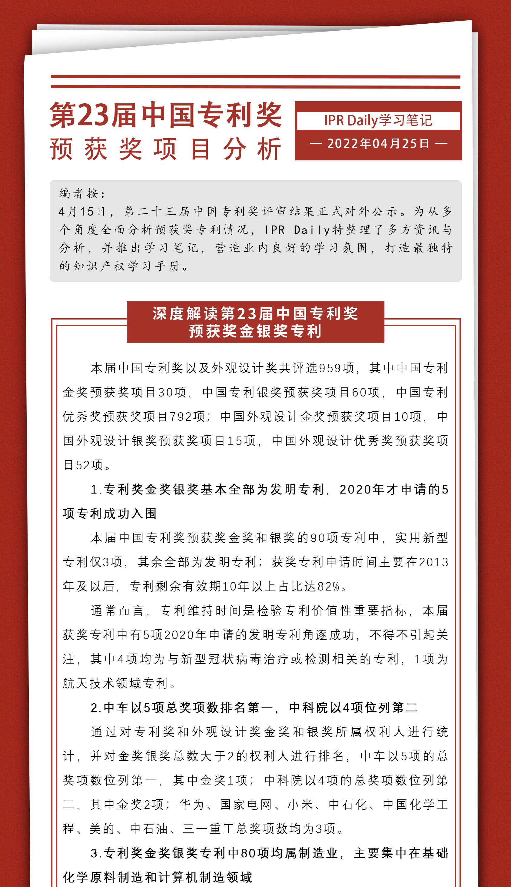 周末学习时光 | 多角度分析与探究第23届中国专利奖预获奖项目