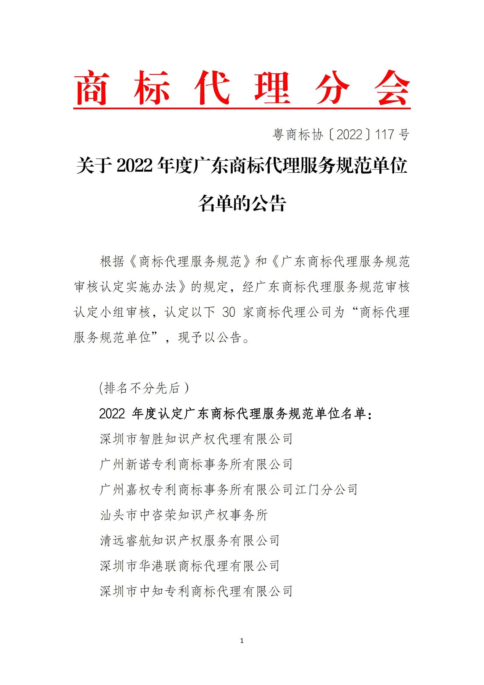 公告!这30家商标代理公司被认定为2022年度广东商标代理服务规范单位 公告!这30家商标代理公司被认定为2022年度广东商标代理服务规范单位