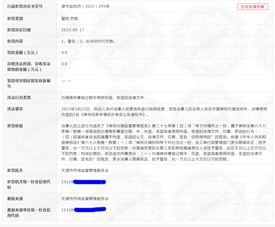 涉嫌伪造商标初审公告通知书！一代理机构被罚款4万元