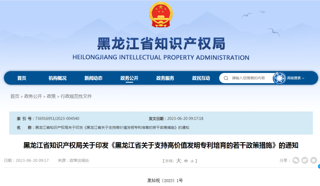最高100万！《黑龙江省关于支持高价值发明专利培育的若干政策措施》全文发布