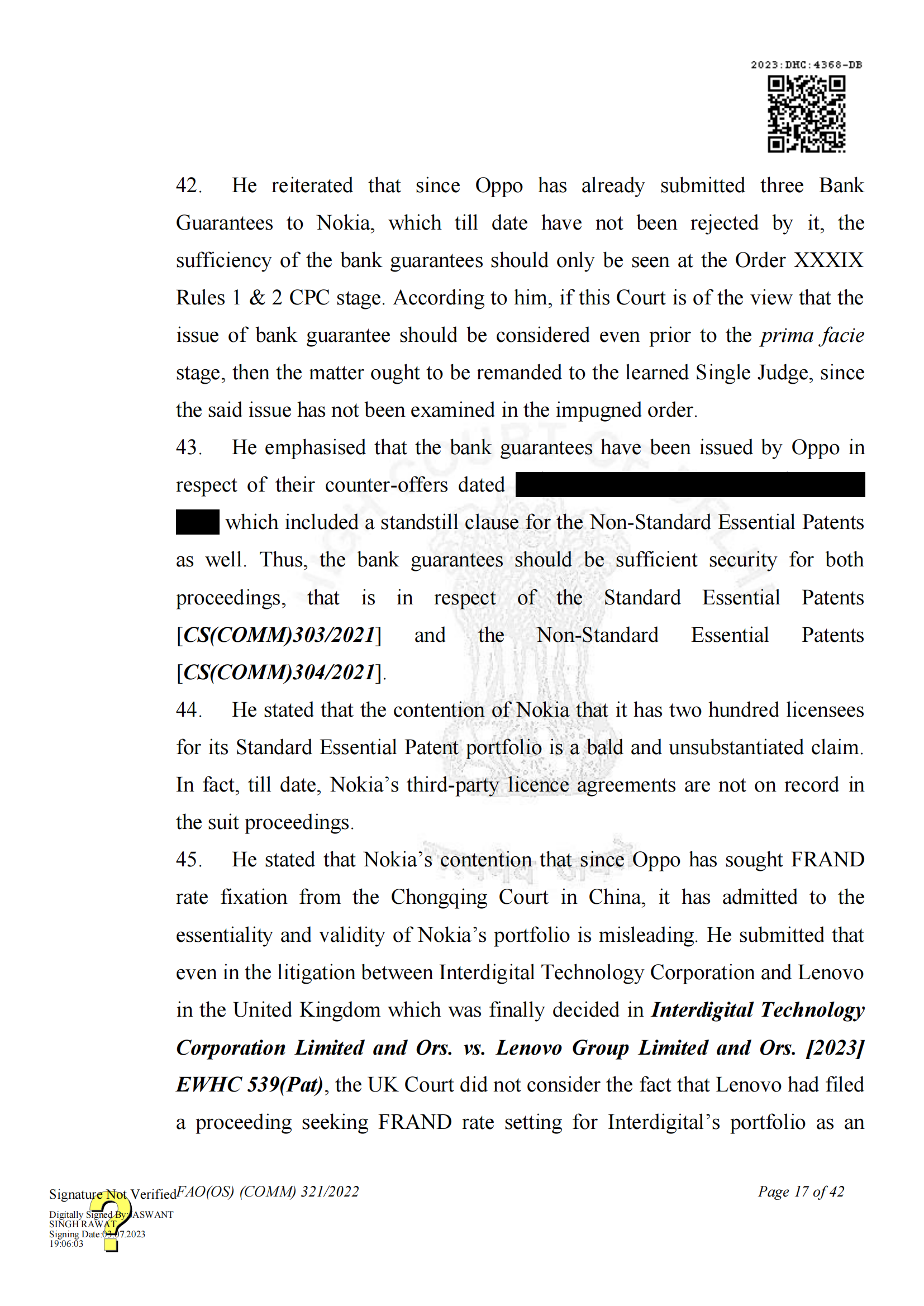 最新进展！印度高等法院要求OPPO支付保证金，因涉嫌侵犯诺基亚5G SEPs｜判决书