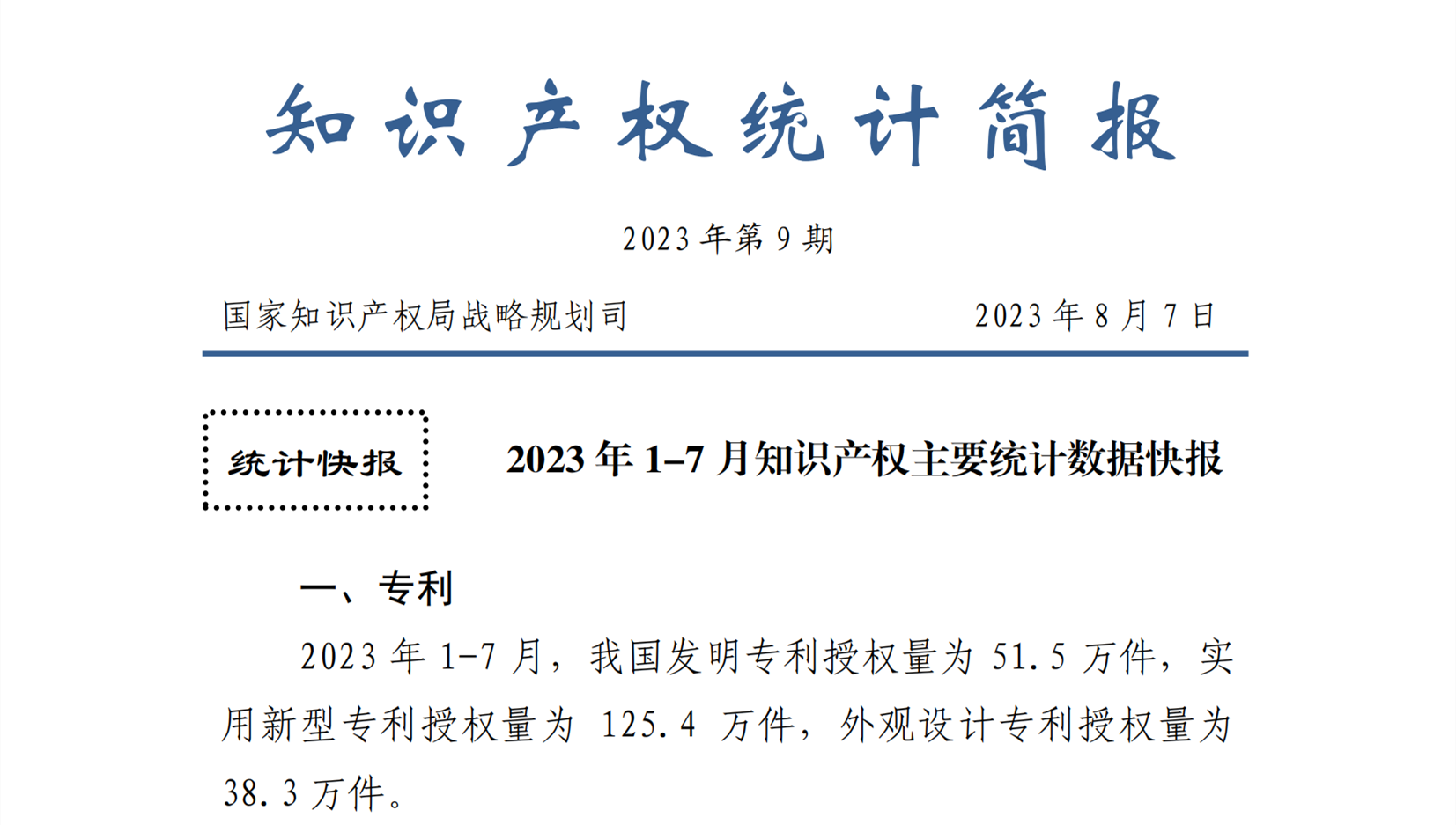 2023年1-7月专利、商标、地理标志等知识产权主要统计数据 | 附数据详情