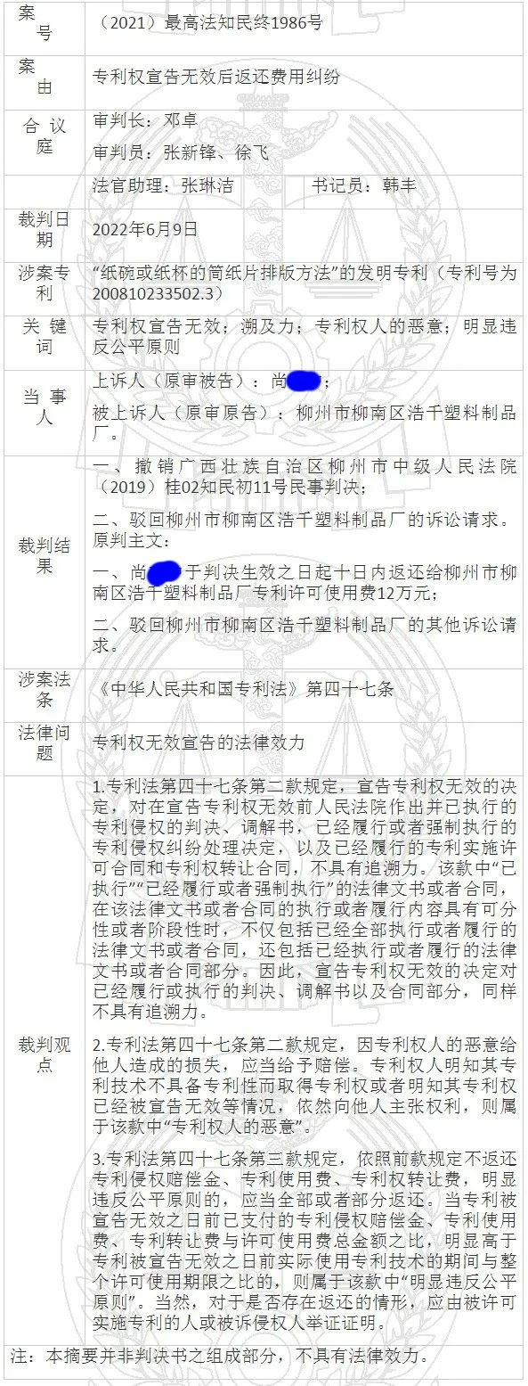 专利无效后对调解书已履行部分显失公平的认定