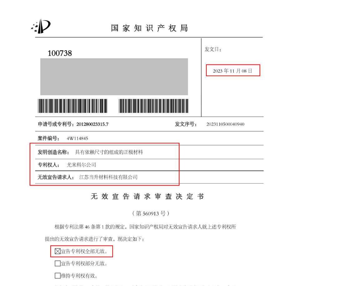 1.1亿诉讼的涉案专利宣告全部无效，尤米科尔还有什么底牌？