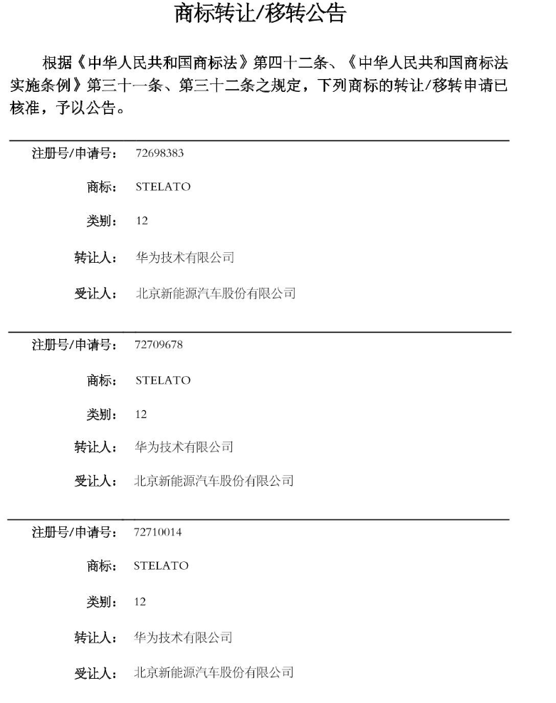 #晨报#华为转让STELATO商标给北汽新能源；名创优品等因与全棉时代知识产权纠纷被强执3000万元