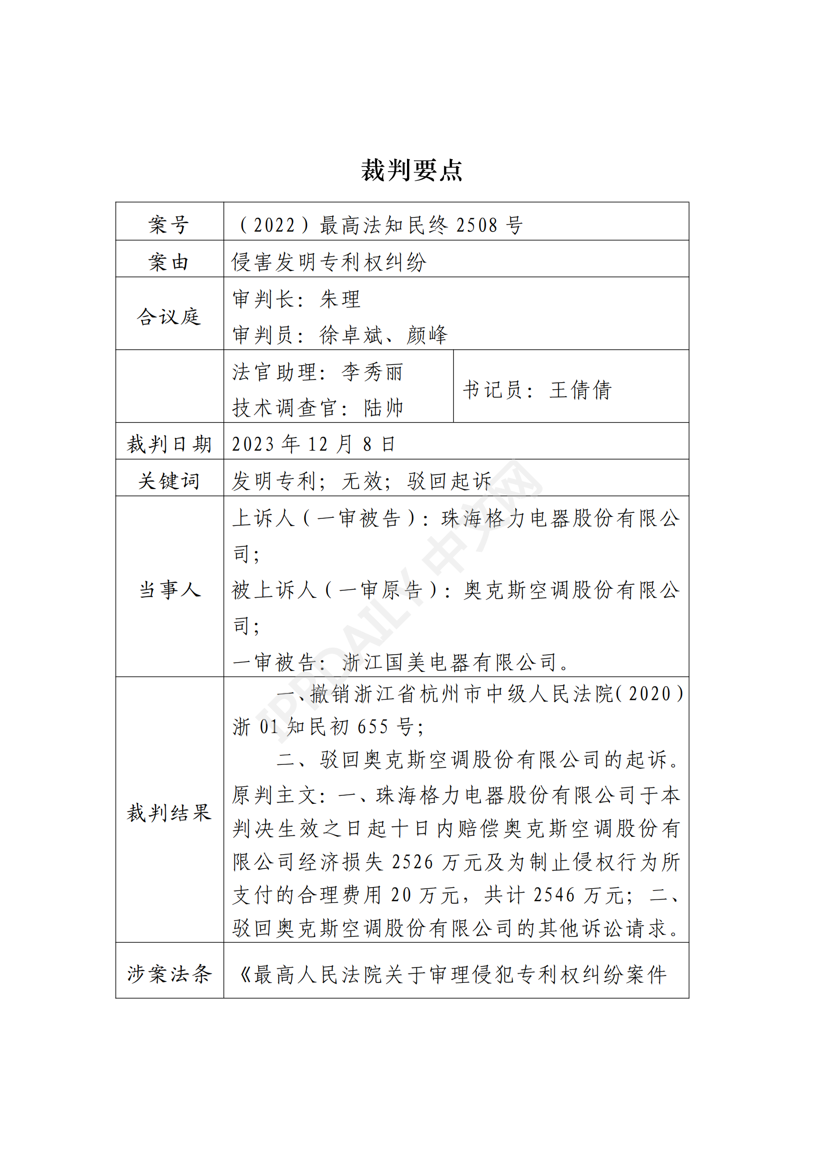 最高院最新判决：四案改判、格力翻盘、2.2亿专利赔偿蒸发