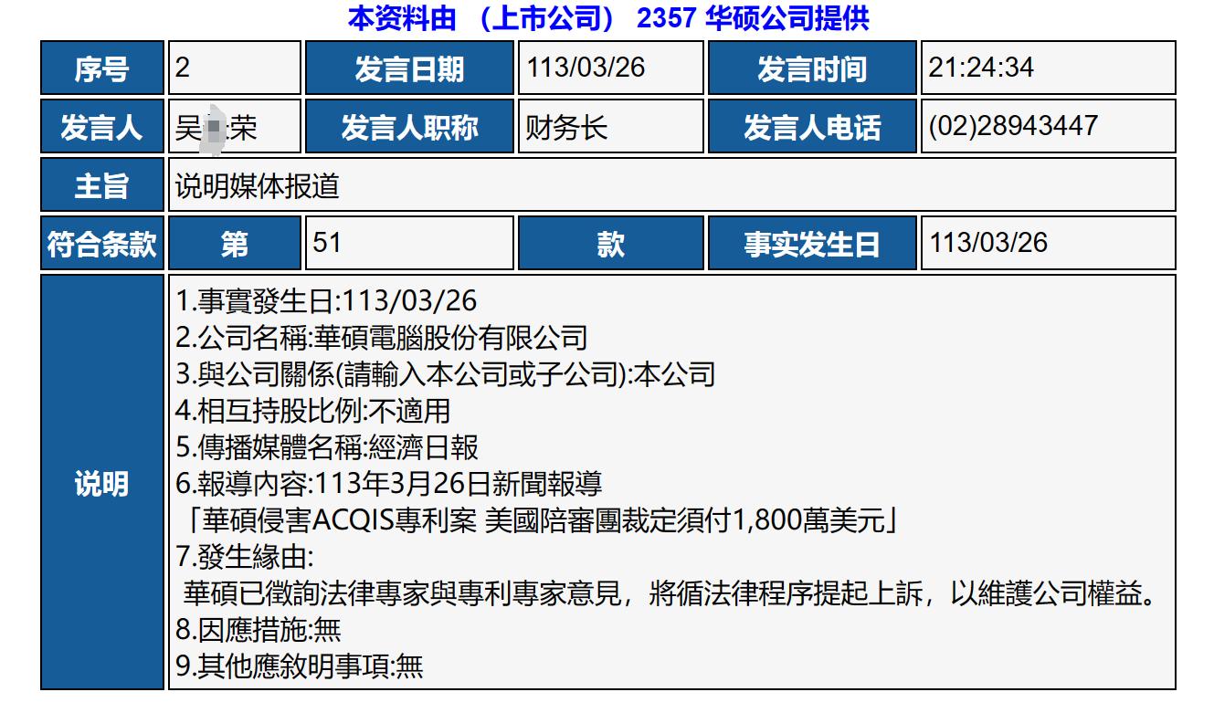 美国陪审团判决赔偿1.3亿，华硕回应……