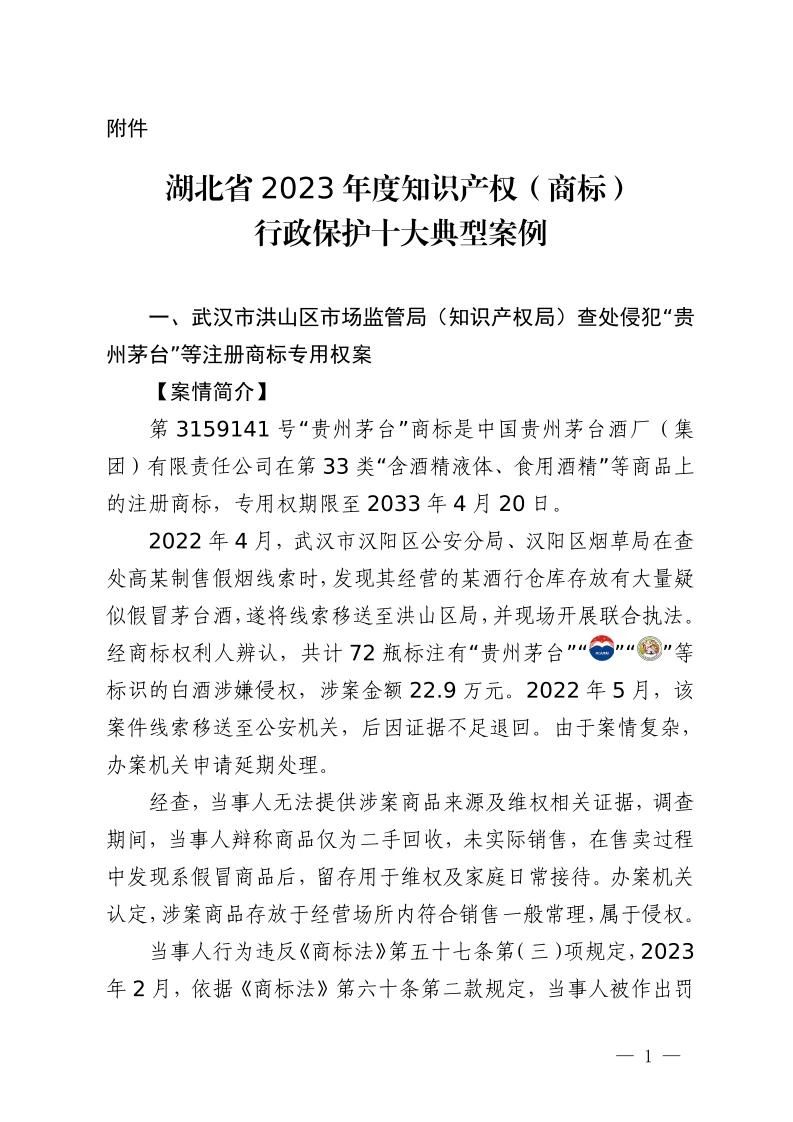 湖北省2023年度知识产权（商标）行政保护十大典型案例发布！