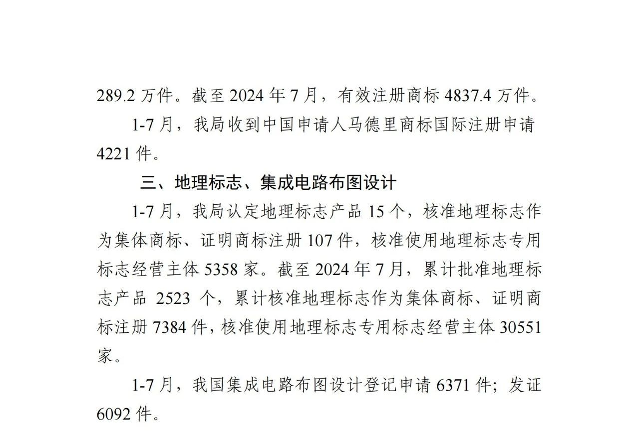 2024年1-7月专利、商标、地理标志等知识产权主要统计数据 | 附数据详情
