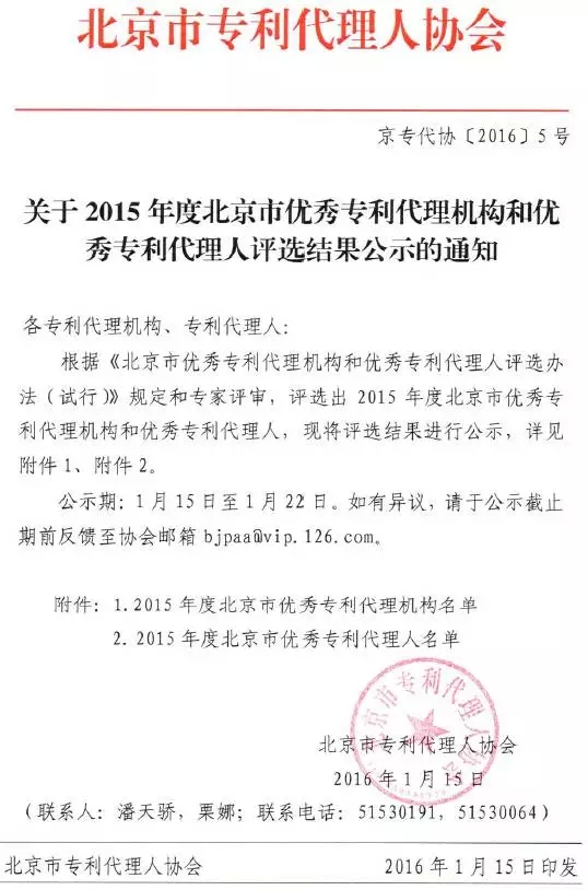 2015北京市优秀专利代理机构、代理人评选结果公示（完整名单）