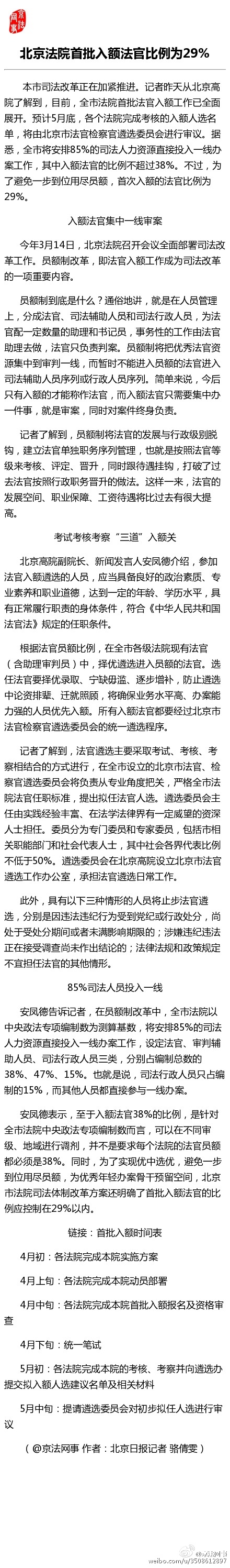 北京法院首批入额法官比例为29%
